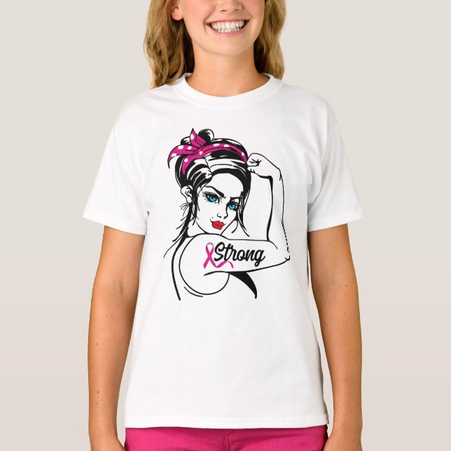 Breast Cancer Strong Rosie Riveter Rosa Ribbon T Shirt (Framsida)