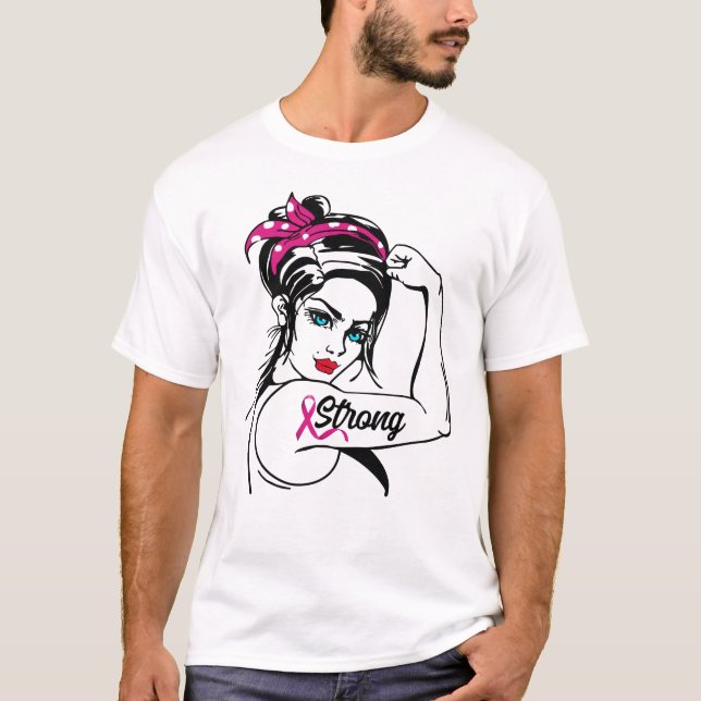 Breast Cancer Strong Rosie Riveter Rosa Ribbon T Shirt (Framsida)