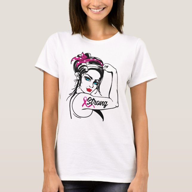 Breast Cancer Strong Rosie Riveter Rosa Ribbon T Shirt (Framsida)