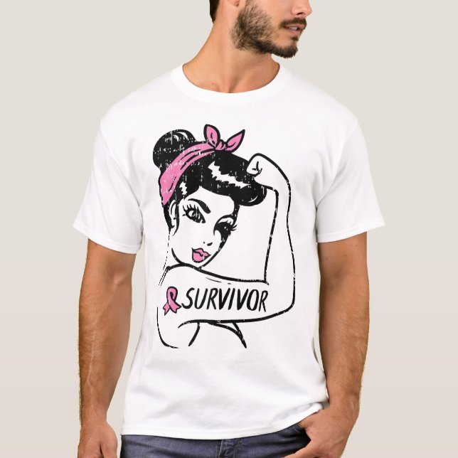 Breast Cancer Survivor Rosie Riveter Pink Awarenes T Shirt (Framsida)