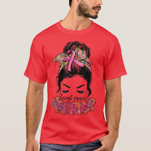 Breast Cancer Warrior Rosa Messy Bun Hair Women T Shirt