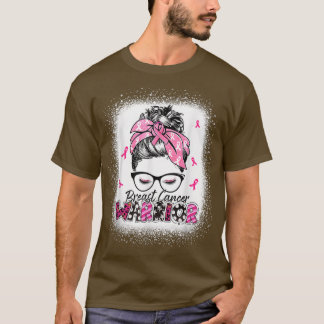 Breast Cancer Warrior Women Messy Bun Rosa Ribbon  T Shirt