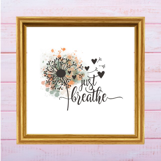 Breathe Dandelion med Hearts Yoga Enmod Poster (Just Breathe Dandelion Blowing in Wind Yoga Meditation Self Care Watercolor Wall Art Digital or Prin)