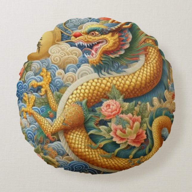 Breathe Fire Chinoiserie Dragon Guld Rund Kudde (Framsidan)