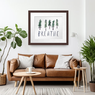 BREATHE Gräs Träd Forest Watercolor Handlettering Poster