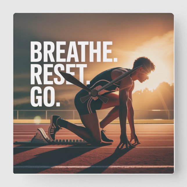 Breathe. Reset. Go. Fyrkantig Klocka (Framsida)