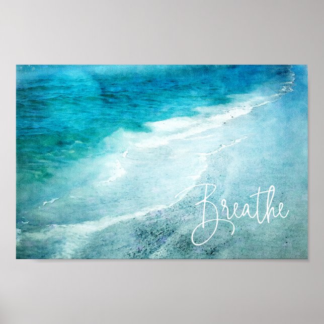Breathe Yoga Quote Retro Beach Teal Ocean Poster (Framsidan)