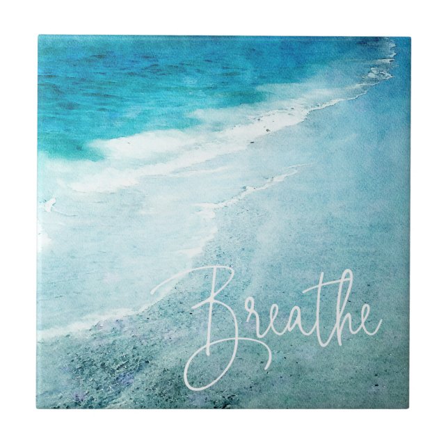 Breathe Yoga Quote Tropical Beach Kusten Watercolo Kakelplatta (Framsidan)