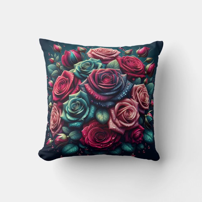"Breathtake Rain Soaks Bukett med rosor" Kudde (Framsida)