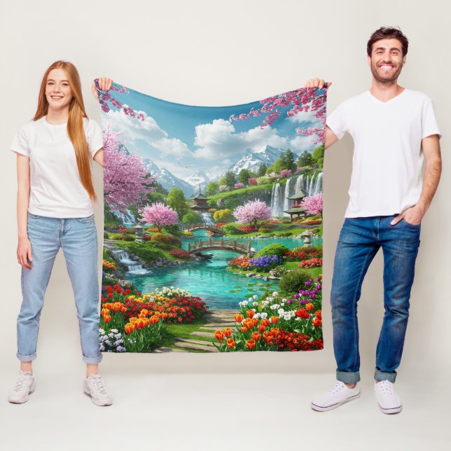 Breathting Fantasy japansk Garden Scene Fleecefilt (På plats)