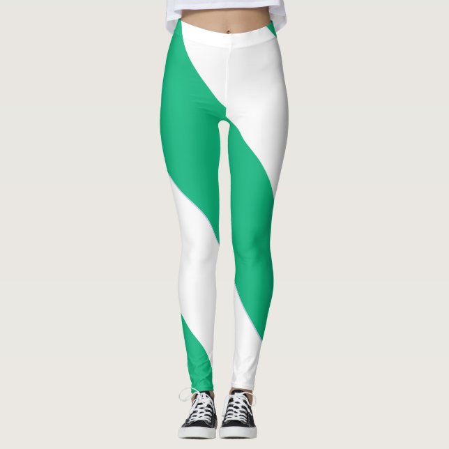 Bred Grönt och Vit diagonal Rand Leggings (Framsida)
