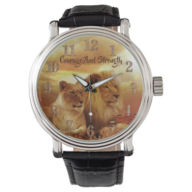 Bred Lejon och Lioness Brown Leather Watch Armbandsur (Framsida)