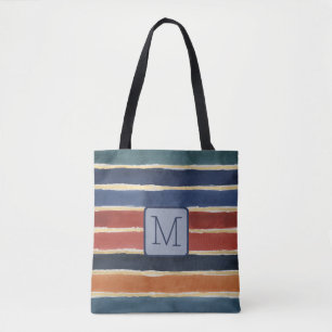 Breda akvarellränder Marinblått Färgblock Monogram Tygkasse
