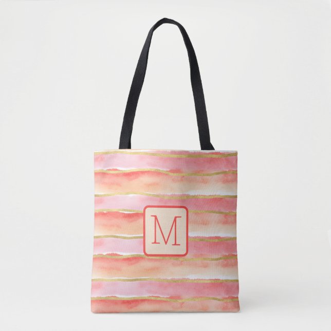 Breda Ränder Tangerine Färgblock Monogram Tygkasse (Framsida)