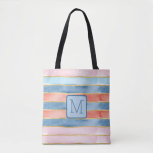Breda Vattenfärg Ränder Blues Färgblock Monogram Tygkasse