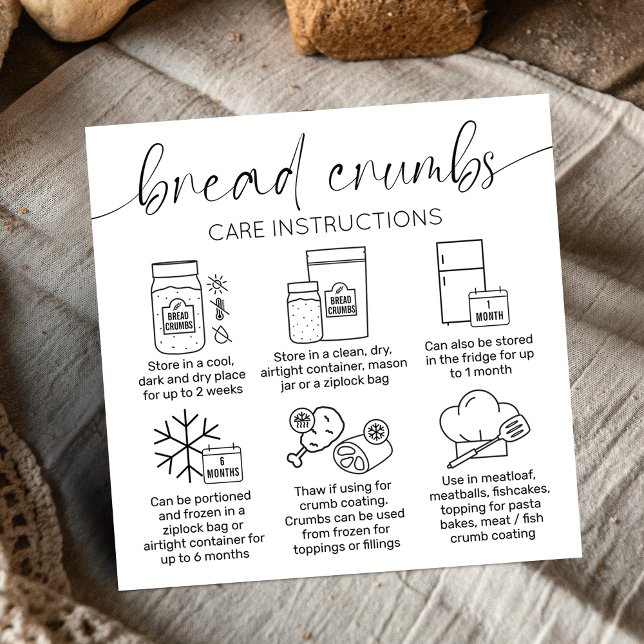 Bredcrumbs Care Guide Minimal Logotyp Bread Bakery Fyrkantigt Visitkort (Minimalist sourdough bread crumbs care instructions cards with care icons, stylish calligraphy font)