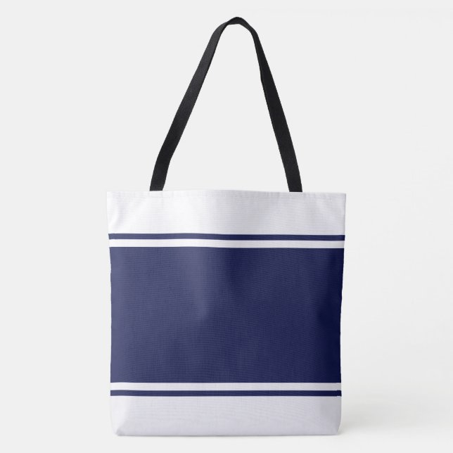 Bredd Nautical Navy Blue Tävla Rand On White Tygkasse (Framsida)