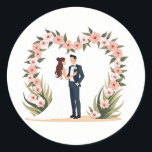 Bredd och groom under Bröllop med blomma Runt Klistermärke<br><div class="desc">Fira din speciella dag med denna romantiska dekal som har en brud och en groom under en vacker blommigt.</div>