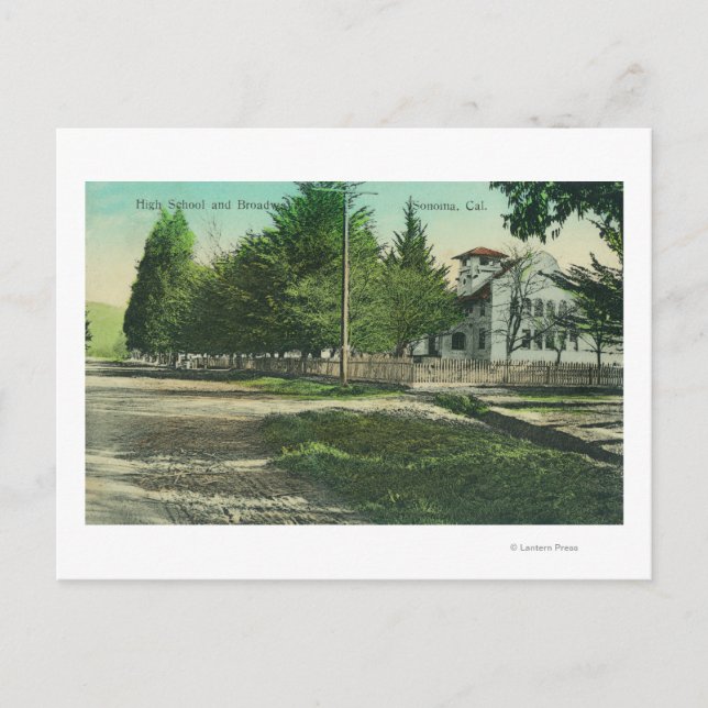 Breddvisning av gymnasiets utsida vykort (Framsida)