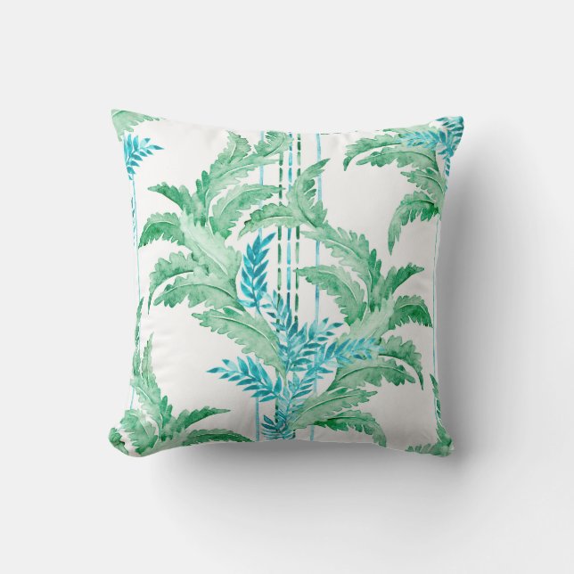 Breezy Coola Blue och Grönt Watercolor Löv Kudde (Framsida)
