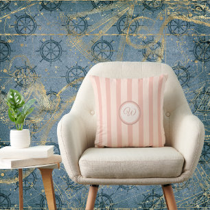 Breezy Stripe Pillow in Beachy Peach with Initial Kudde