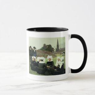 Breton kvinnor som sitter på en nåd mugg