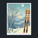 Breuil Cervinia Valtournenche Italia ski Postcard Vykort<br><div class="desc">Hej från snöbergen i Breuil Cervinia,  Valtournenche,  Italien! Vi hoppas att du har en underbar skidsemester. Detta vykort har ett fantastiskt blått grått-bergslandskap med retro-skidbrädor i ett orange-stam mönster. Alla textfraser kan anpassas till kostym!</div>