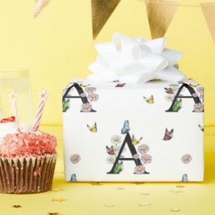 Brev A Blommig Vattenfärg Fjäril Monogram     Presentpapper