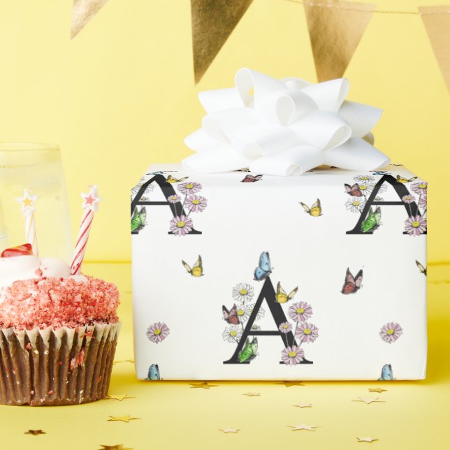 Brev A Blommig Vattenfärg Fjäril Monogram     Presentpapper (Födelsedagsfest)