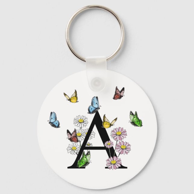 Brev A Blommigt Butterfly Monogram Initial Nyckelring (Framsida)