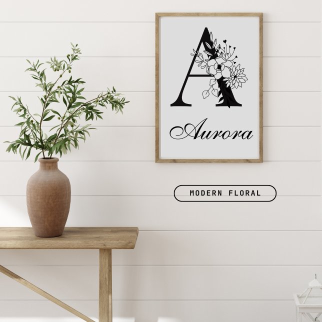 Brev A Blommigt Modern Black Monogram Nursery Poster (Skapare uppladdad)