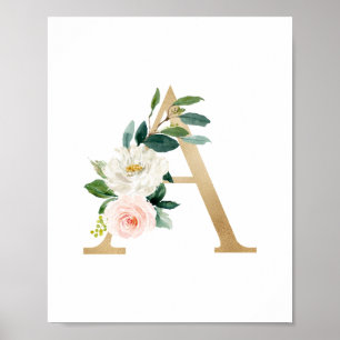 Brev A  Blommigt Monogram Faux Guld Foil Poster