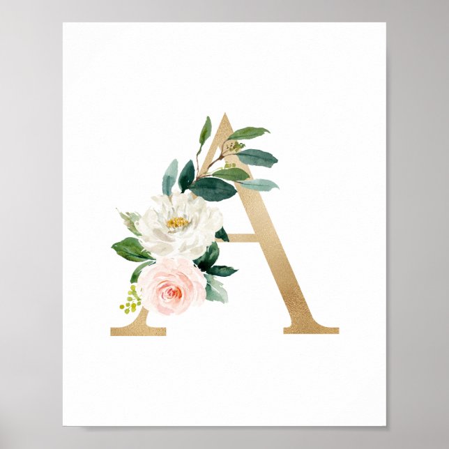 Brev A  Blommigt Monogram Faux Guld Foil Poster (Framsidan)