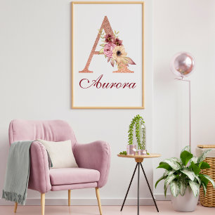 Brev A Blommigt Ro Guld Monogram Nursery Poster