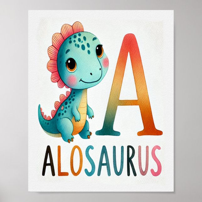 Brev A, Dinosaur Alphabet Watercolor Poster (Framsidan)
