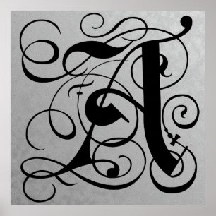 Brev A, Gothic Monogram Black Poster