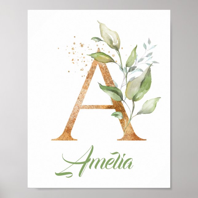 Brev A monogram greenery eucalyptus guld Poster (Framsidan)