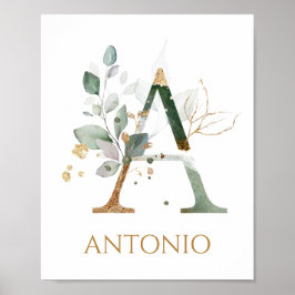 Brev A Monogram Grönt & guld foliage Nursery Poster