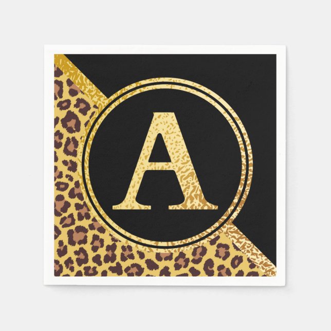 Brev A Monogram Leopard Skriv ut Guld och svart Pappersservett (Framsidan)
