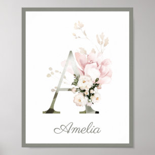 Brev A Monogram Rosa Peony Ro Nursery Poster