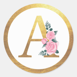Brev A Monogram Rosa ros Blommigt och Elegant Guld Runt Klistermärke