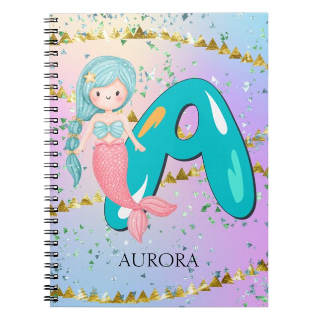 Brev A Monogram Watercolor Cute Sjöjungfru Nursery Anteckningsbok (Framsidan)