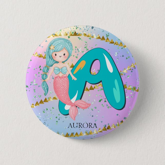 Brev A Monogram Watercolor Cute Sjöjungfru Nursery Knapp (Framsida)