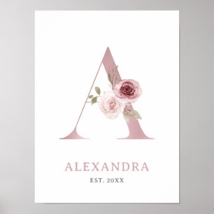 Brev A Monogram Watercolor Ro Blommigt Nursery Poster