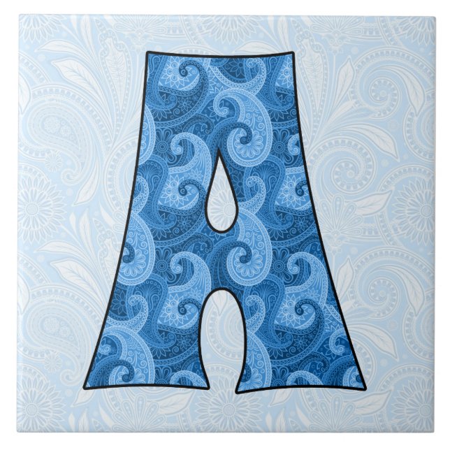 Brev A - Monogrammed Blue Paisley Kakelplatta (Framsidan)