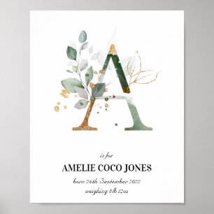 Brev A Nyfödd bebis Monogram Birth Print Greenery Poster