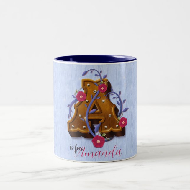 Brev A Wooden Alphabet - Blommigt 3D Inledande Två-Tonad Mugg (Center)