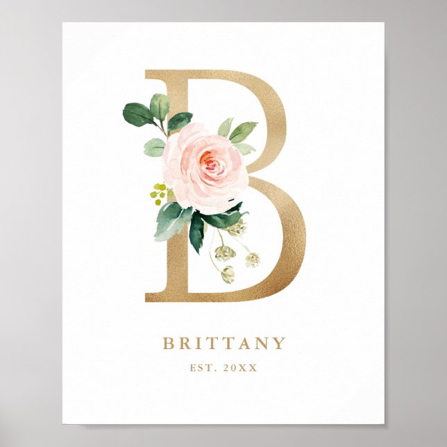 Brev B  Blommigt Monogram guldfoil Nursery Poster (Framsidan)