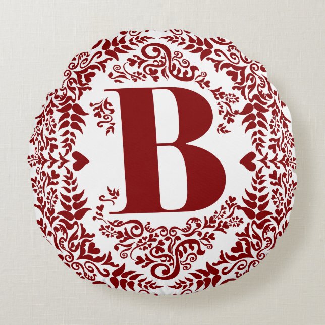 Brev B i Unik Modern Red Heart Blommigt Gräns Rund Kudde (Framsidan)