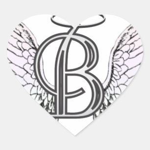 Brev B Initial Monogram med Angel Vingar & Halo Hjärtformat Klistermärke